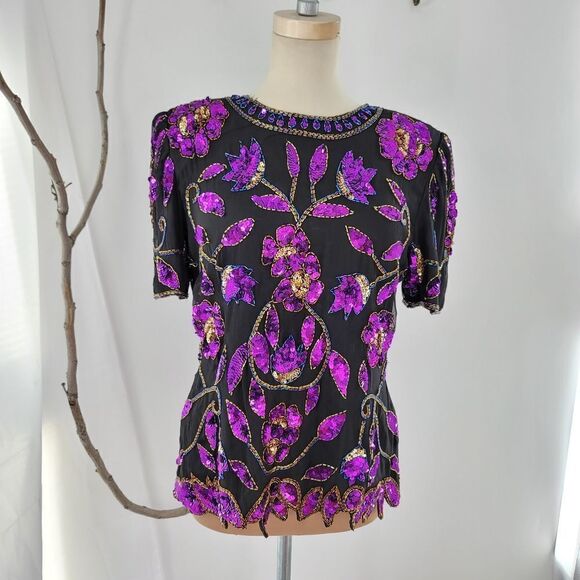 Vintage stenay sequined 100% silk blouse black with purple sequins - Picture 1 of 9